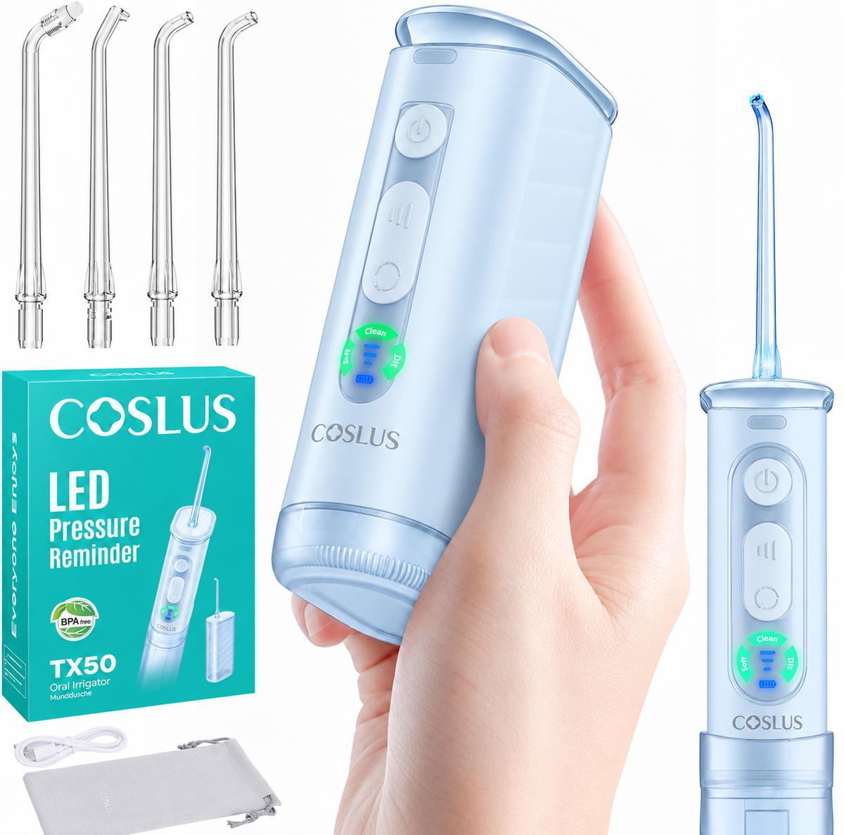 COSLUS TX50 Water Flosser for Teeth,Water Dental Flosser with 9-Level for Braces & Sensitive Gums,Screen Display,Pressure Indicator Light,Home Travel