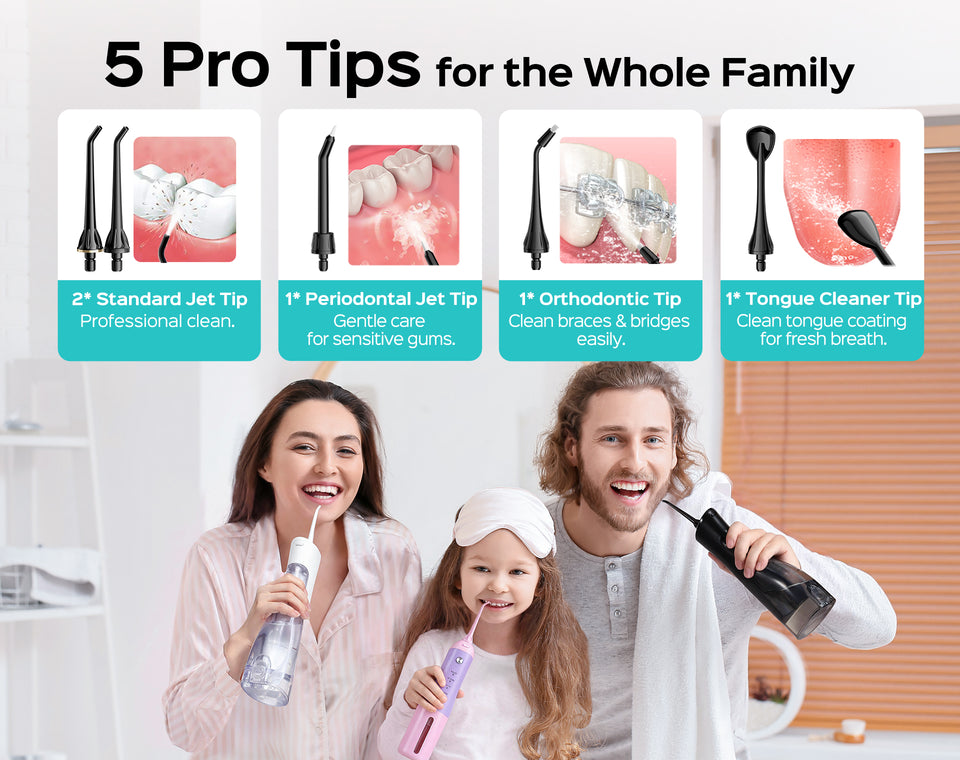 COSLUS E40 water flosser with standard, periodontal, orthodontic, and tongue cleaner tips for family use img