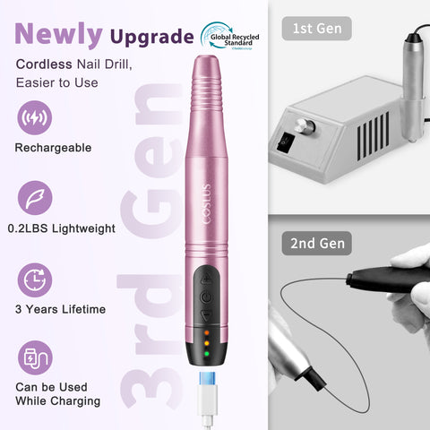 COSLUS CX20 Cordless Nail Drill Electric File: Professional for Acrylic Gel Dip Powder Nails, Portable All-in-One Nail Drill Machine Kit for Manicure & Pedicure, Rechargeable Lightweight img